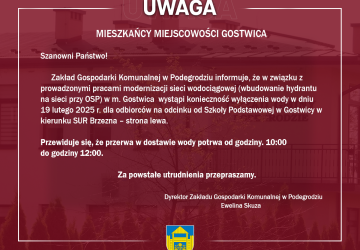 Wyłączenie wody w miejscowości Gostwica