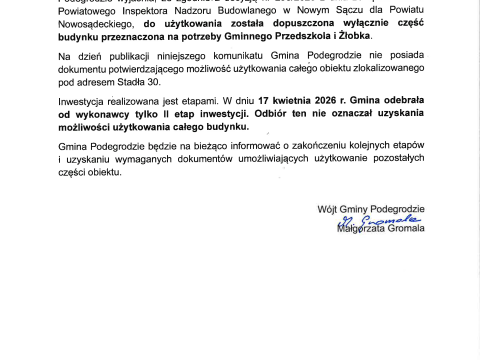 Komunikat w sprawie budynku Szkoły Podstawowej w Stadłach