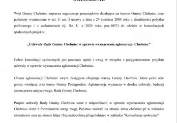 Ogłoszenie - Konsultacje dotyczące projektu uchwały Rady Gminy Chełmiec w sprawie wyznaczenia aglomeracji  Chełmiec